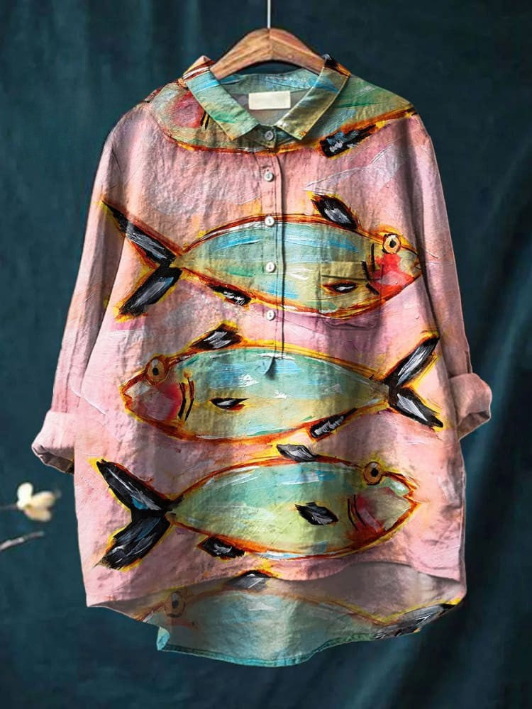 Koszulka Casual z Vintage'owym Motywem Ryb