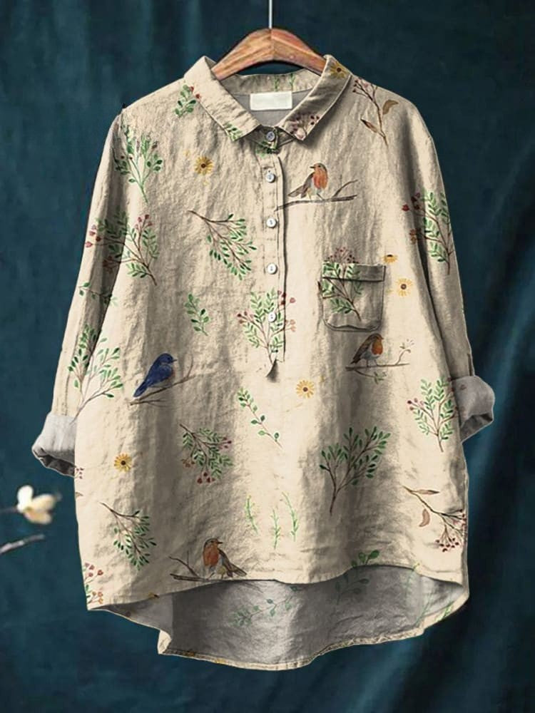 Boughs And Robin Birds Pattern Printed Women's Casual Shirt