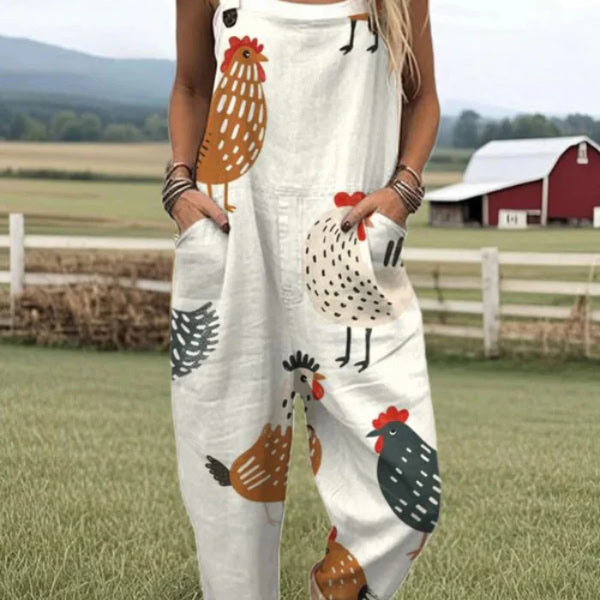 Women's Countryside Chickens Pattern Casual Wide Leg Jumpsuit