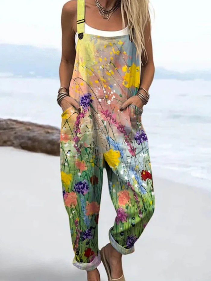 Women's Vintage Floral Pattern Art Print Casual Wide Leg Jumpsuit