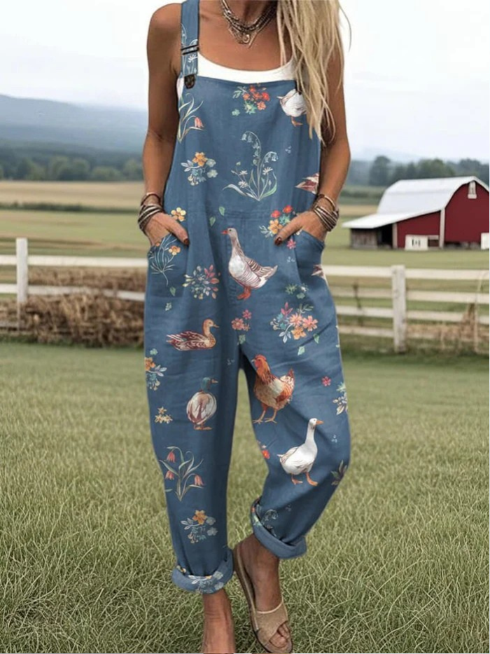 Women's Farm Animal Print Casual Wide Leg Jumpsuit