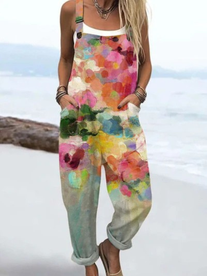 Women's Vintage Flowers Art Print Casual Wide Leg Jumpsuit