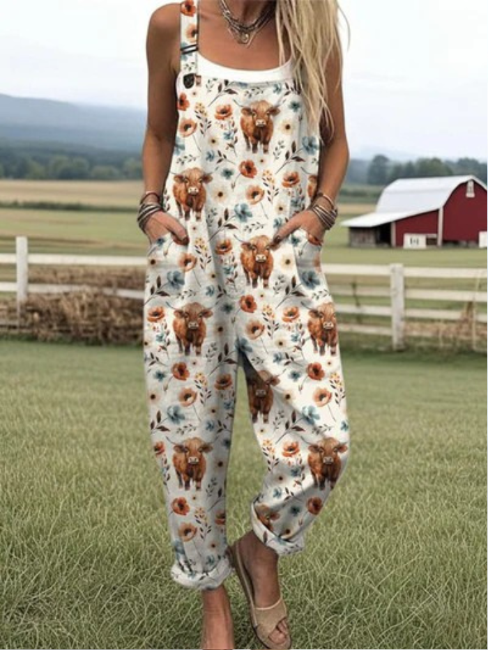 Women's Highland Cow Print Casual Wide Leg Jumpsuit