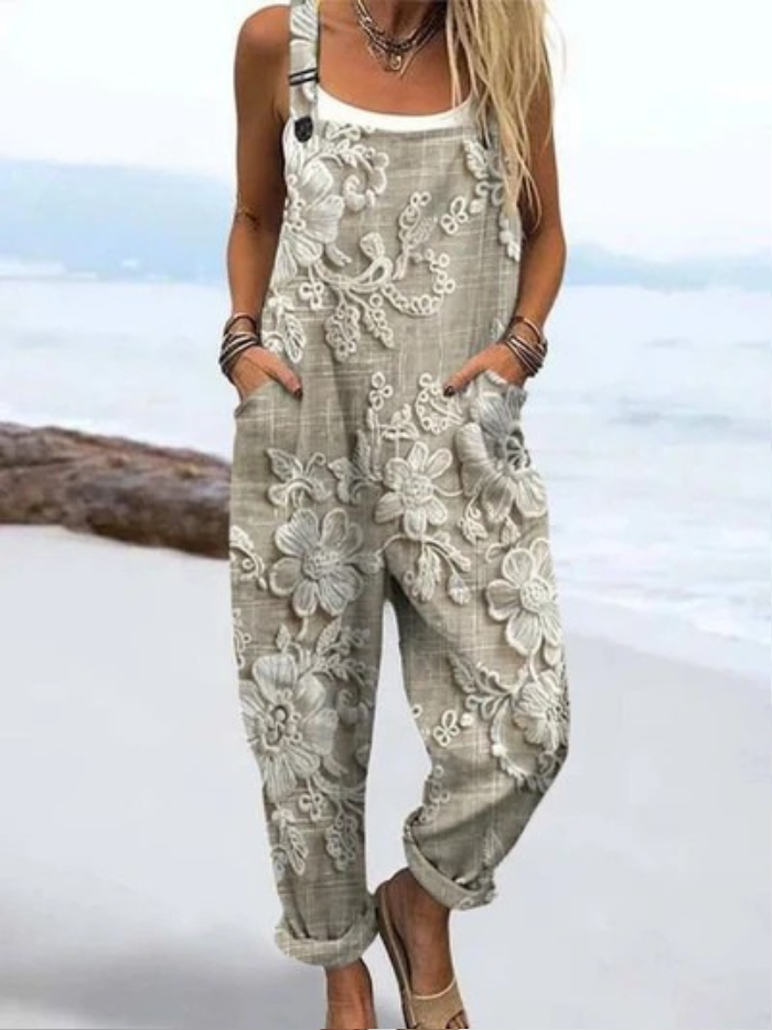 Women's Vintage Floral Pattern Art Print Casual Wide Leg Jumpsuit