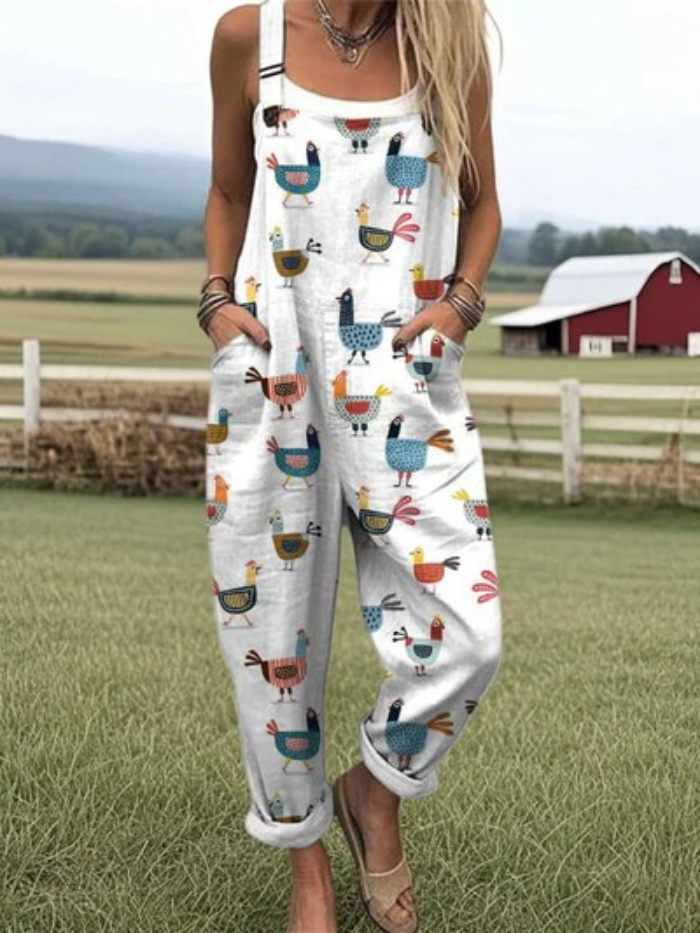 Women's Funny Farm Chicken Pattern Casual Wide Leg Jumpsuit