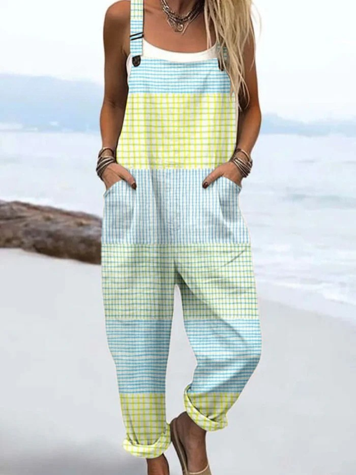 Kobiece Vintage Abstrakcyjne Geometryczne Linie Sztuka Druk Casual Szerokie Nogawki Kombinezon