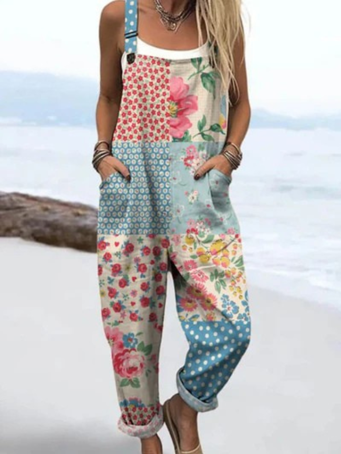 Kobiece Vintage Kwiatowe Patchworkowe Casual Szerokie Nogawki Kombinezon