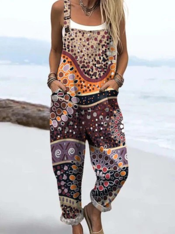 Women's Vintage Geometric Pattern Art Print Casual Wide Leg Jumpsuit