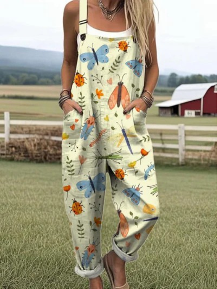 Kobiecy Śmieszny Wzór Owadów Sztuka Druk Casual Szerokie Spodnie Jumpsuit