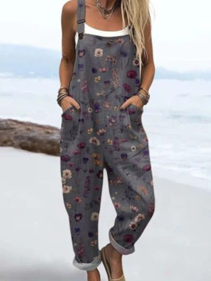 Women's Vintage Flowers Art Print Casual Wide Leg Jumpsuit