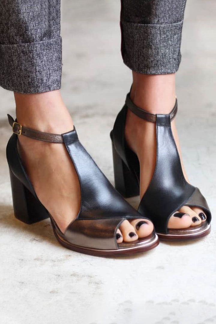 Nadaria | Czarne sandały peep toe w stylu patchwork z obcasem