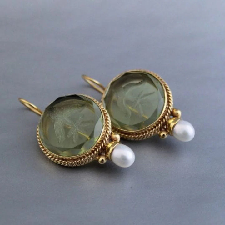 Penelope | Vintage Pearl Earrings with Rounded Green Stones