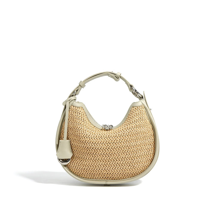 Ele Lady's Raffia  Handbag Cow Genuine Leather Hand Bags with Adjustable Handle Half Moon Design Zipper Closure Shoulder Bag