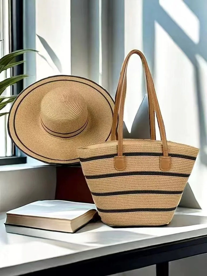 2024 Wholesale Holiday Hand Woven Large  Straw Hat Set Capacity Tote Bag Outdoors Cap  Ladies Handbags Summer Straw Beach Bag