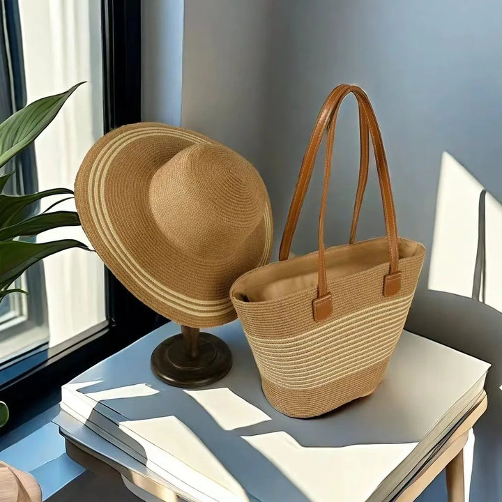2024 Wholesale Holiday Hand Woven Large  Straw Hat Set Capacity Tote Bag Outdoors Cap  Ladies Handbags Summer Straw Beach Bag