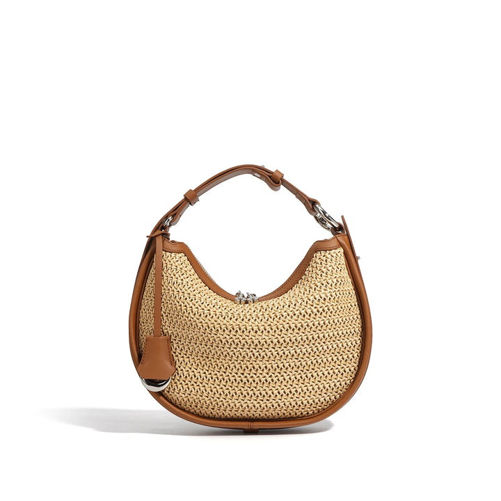 Ele Lady's Raffia  Handbag Cow Genuine Leather Hand Bags with Adjustable Handle Half Moon Design Zipper Closure Shoulder Bag