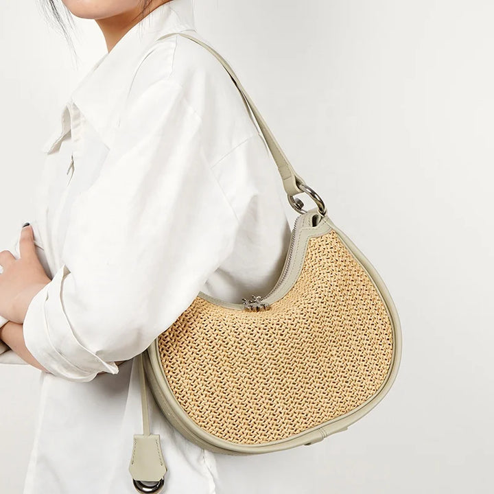 Ele Lady's Raffia  Handbag Cow Genuine Leather Hand Bags with Adjustable Handle Half Moon Design Zipper Closure Shoulder Bag