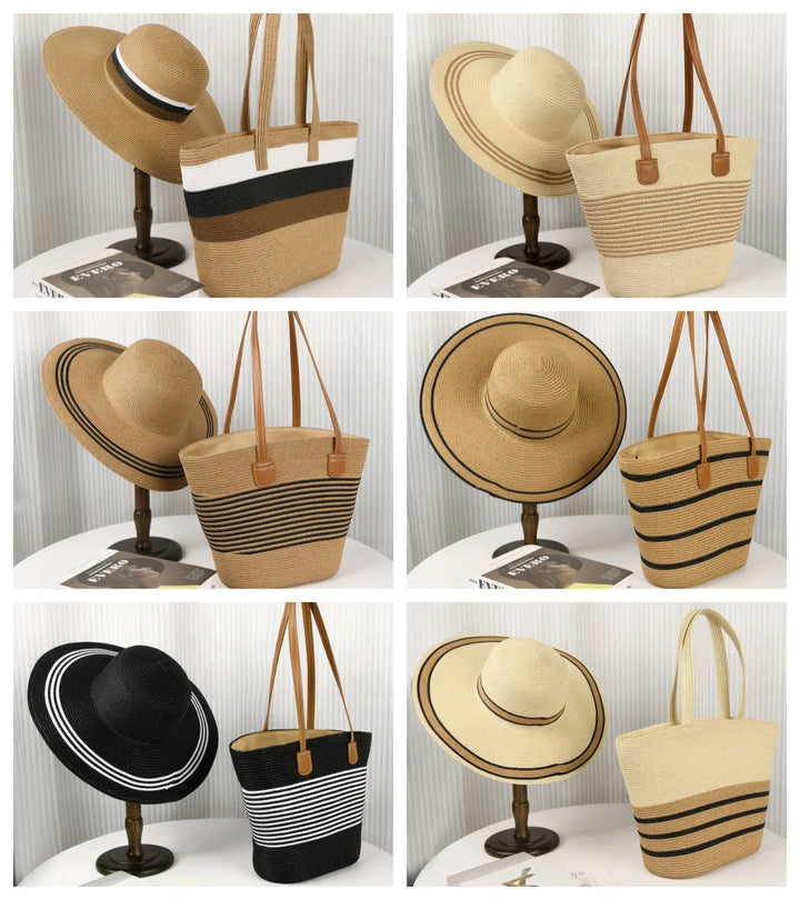 2024 Wholesale Holiday Hand Woven Large  Straw Hat Set Capacity Tote Bag Outdoors Cap  Ladies Handbags Summer Straw Beach Bag