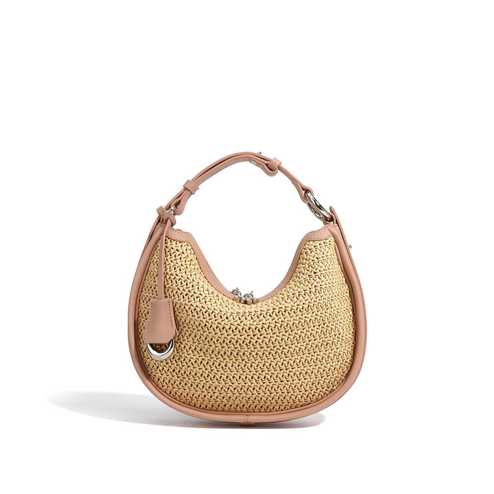 Ele Lady's Raffia  Handbag Cow Genuine Leather Hand Bags with Adjustable Handle Half Moon Design Zipper Closure Shoulder Bag