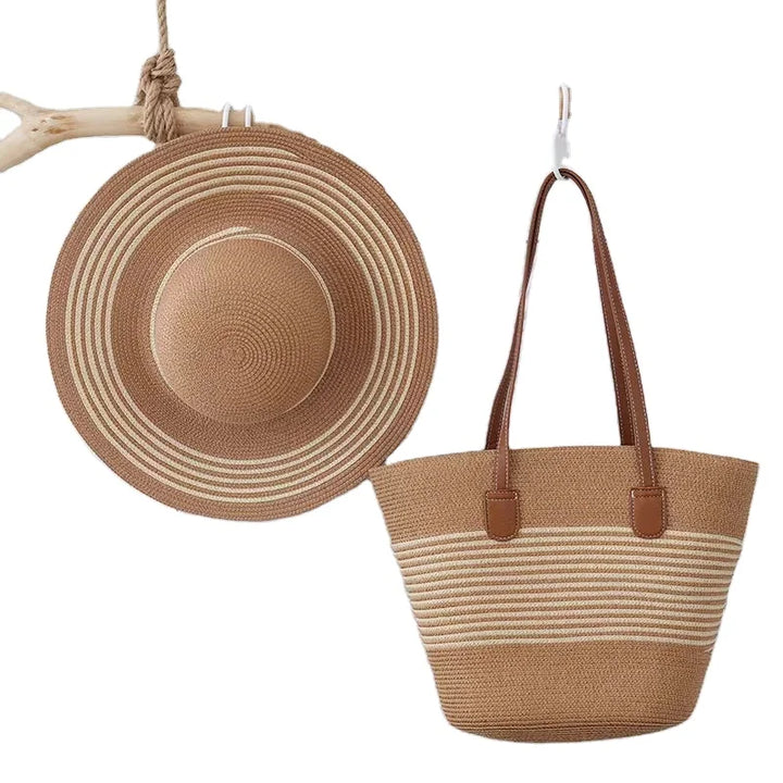 2024 Wholesale Holiday Hand Woven Large  Straw Hat Set Capacity Tote Bag Outdoors Cap  Ladies Handbags Summer Straw Beach Bag