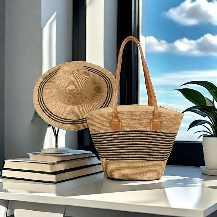 2024 Wholesale Holiday Hand Woven Large  Straw Hat Set Capacity Tote Bag Outdoors Cap  Ladies Handbags Summer Straw Beach Bag