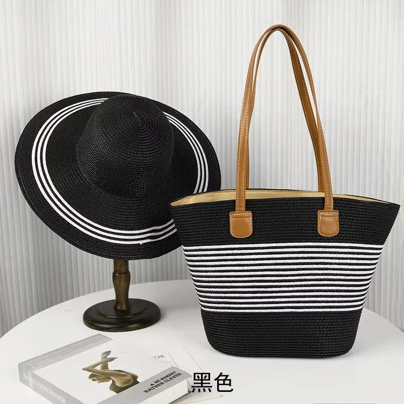 2024 Wholesale Holiday Hand Woven Large  Straw Hat Set Capacity Tote Bag Outdoors Cap  Ladies Handbags Summer Straw Beach Bag