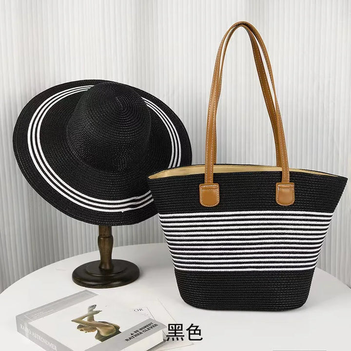 2024 Wholesale Holiday Hand Woven Large  Straw Hat Set Capacity Tote Bag Outdoors Cap  Ladies Handbags Summer Straw Beach Bag