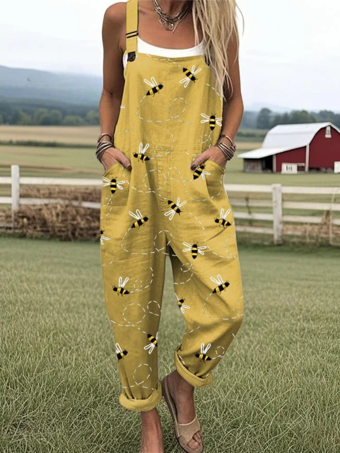 Women's Flying Bees Embroidery Pattern Casual Wide Leg Jumpsuit