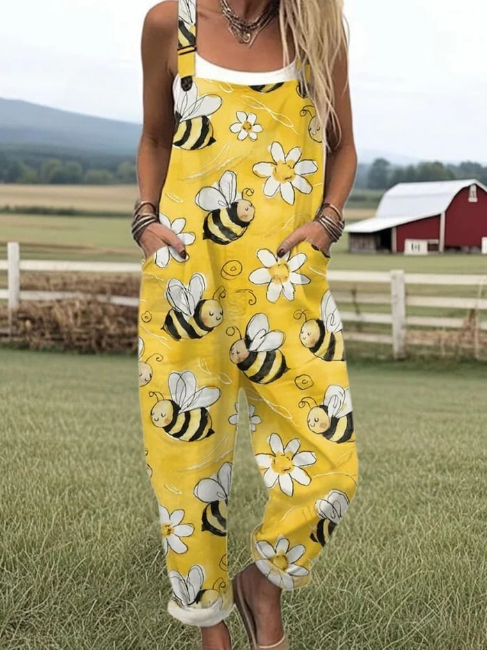 Women's Flying Bees Embroidery Pattern Casual Wide Leg Jumpsuit