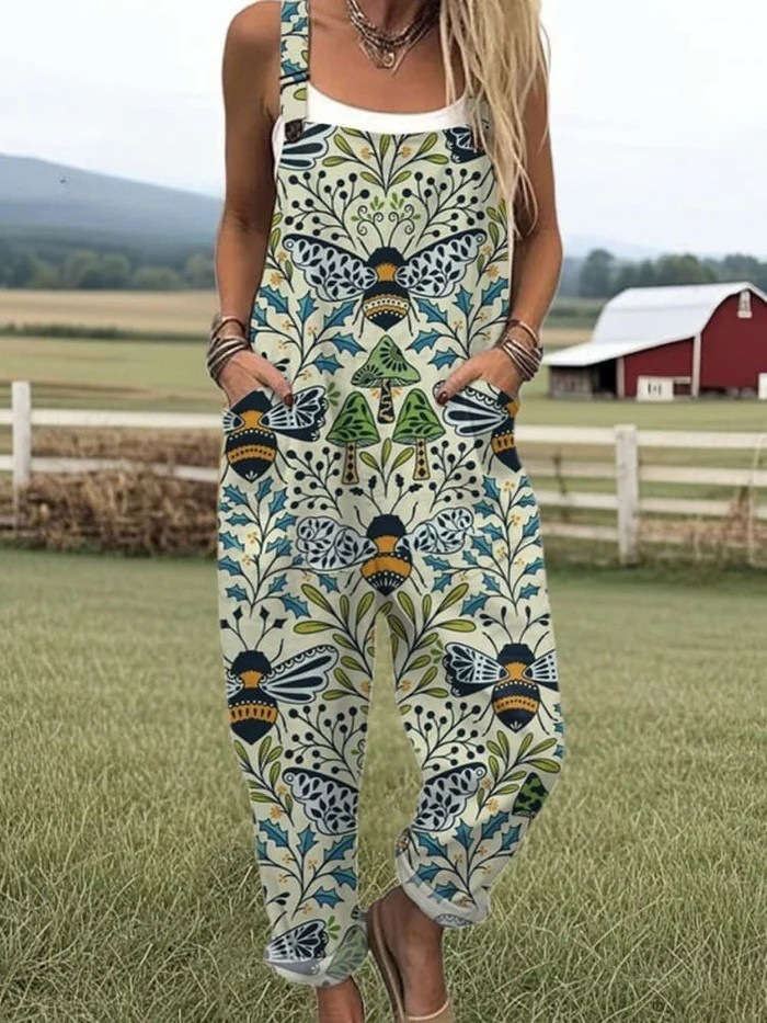 Women's Flying Bees Embroidery Pattern Casual Wide Leg Jumpsuit