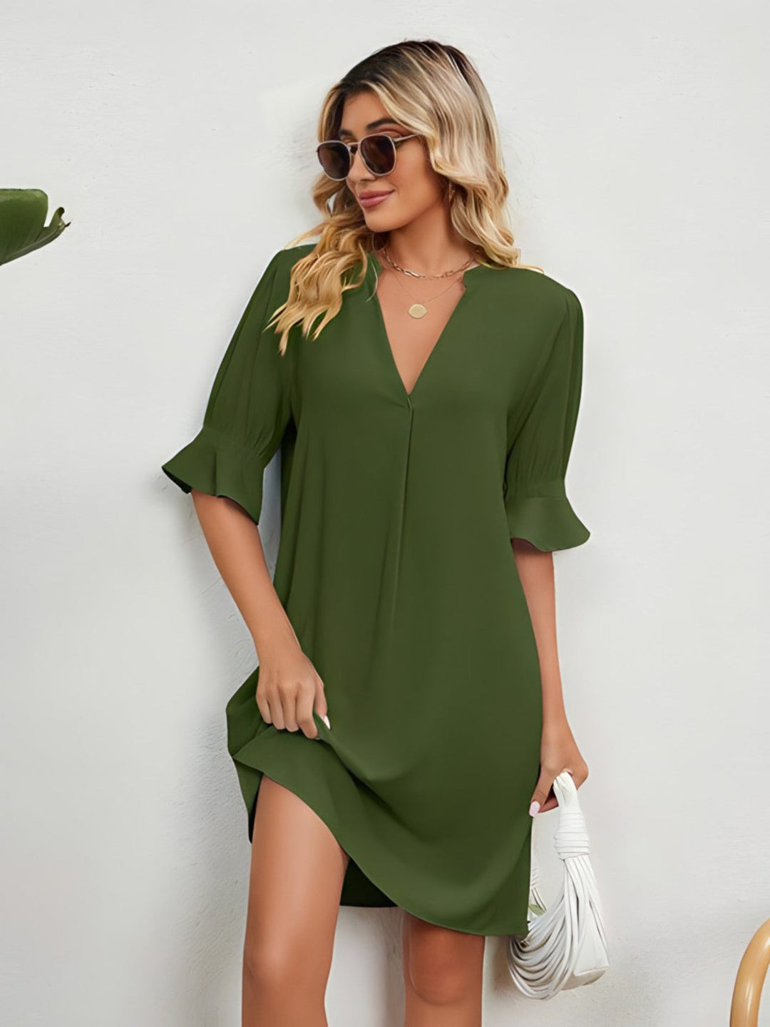 Elise - Plain Pleated Dress with Loose V-Neckline