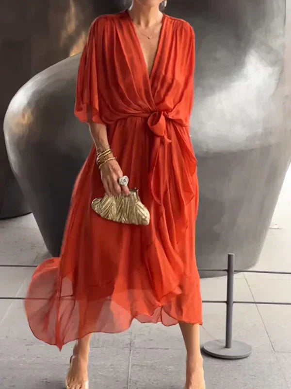 Monica™ - Elegant Chiffon Silk Dress with Alluring V-Neck